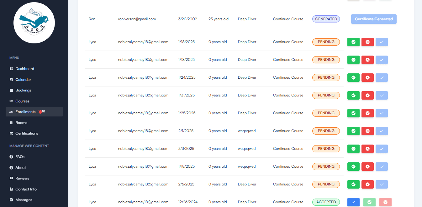 ASDC Scuba Diving Reservation